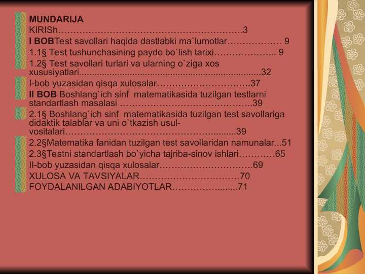 Test savollari haqida dastlabki ma`lumotlar