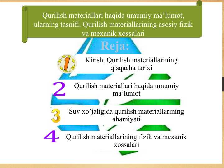 Qurilish materiallari haqida umumiy ma’lumot, ularning tasnifi. Qurilish materiallarining asosiy fizik va mexanik xossalari