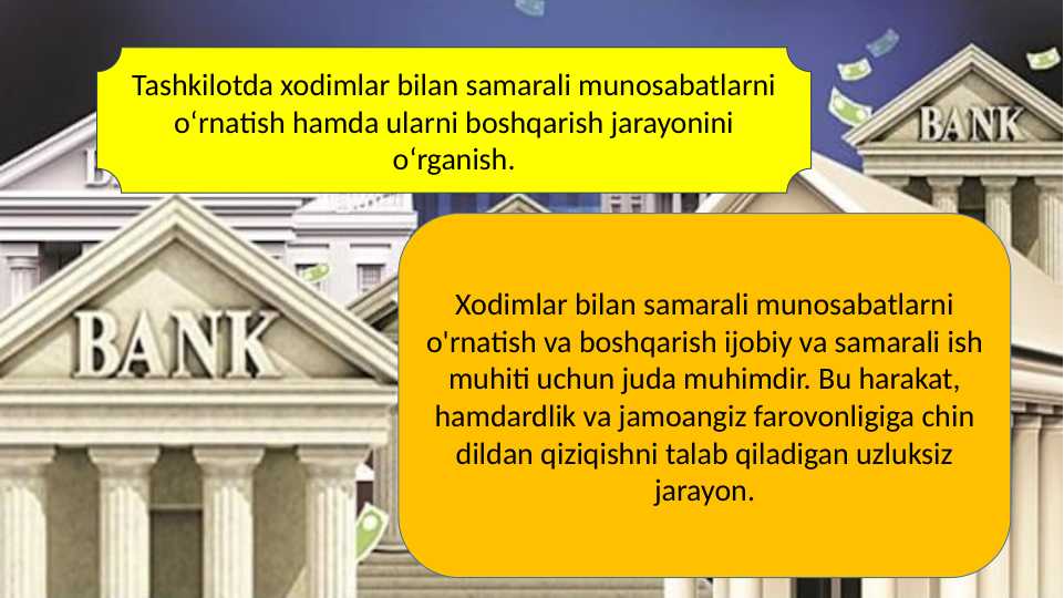 Tashkilotda xodimlar bilan samarali munosabatlarni o‘rnatish hamda ularni boshqarish jarayonini o‘rganish