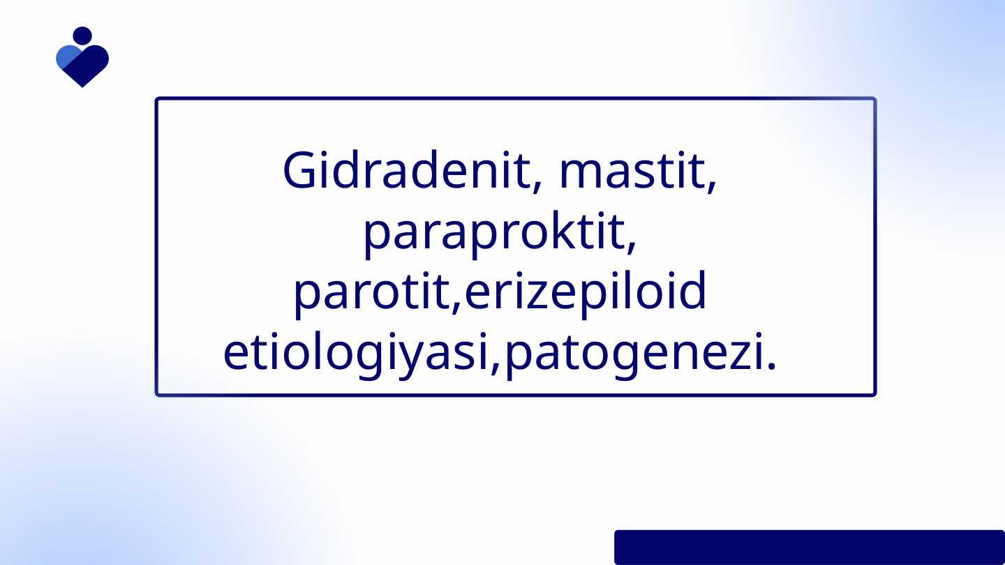 Gidradenit, mastit, paraproktit, parotit,erizepiloid etiologiyasi,patogenezi.