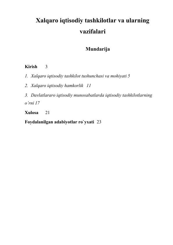 Xalqaro iqtisodiy tashkilotlar va ularning vazifalari