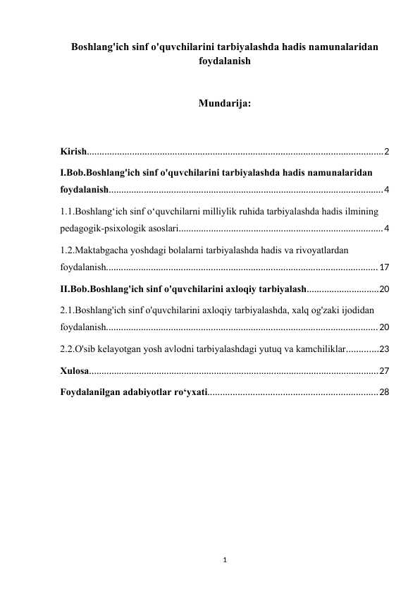 Boshlang'ich sinf o'quvchilarini tarbiyalashda hadis namunalaridan foydalanish