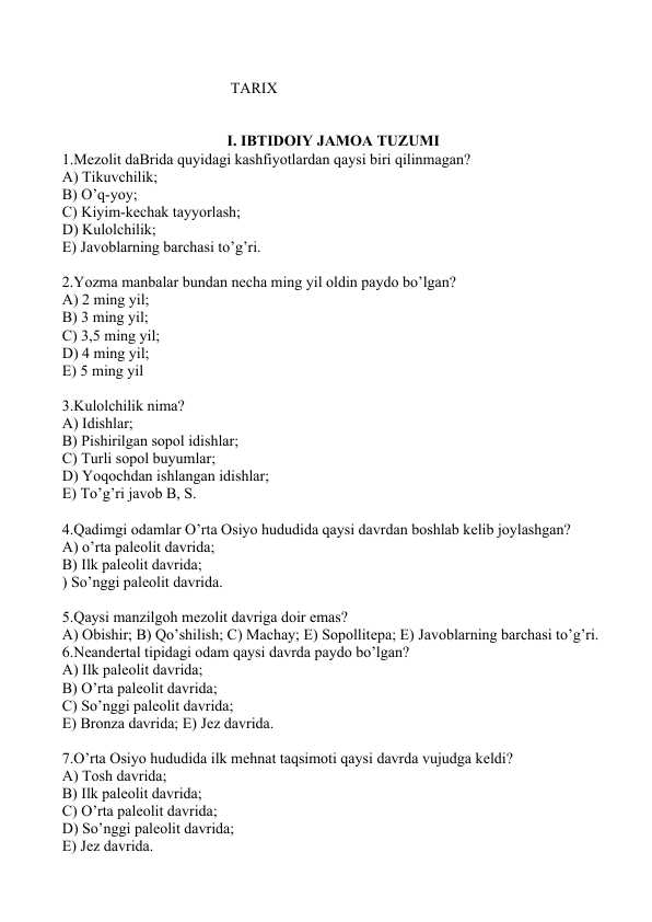 Tarixdan mavzulashtirilgan testlar