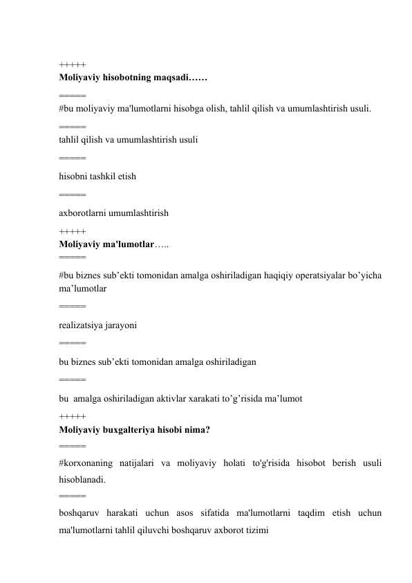 Moliyaviy hisob Test javoblari bilan