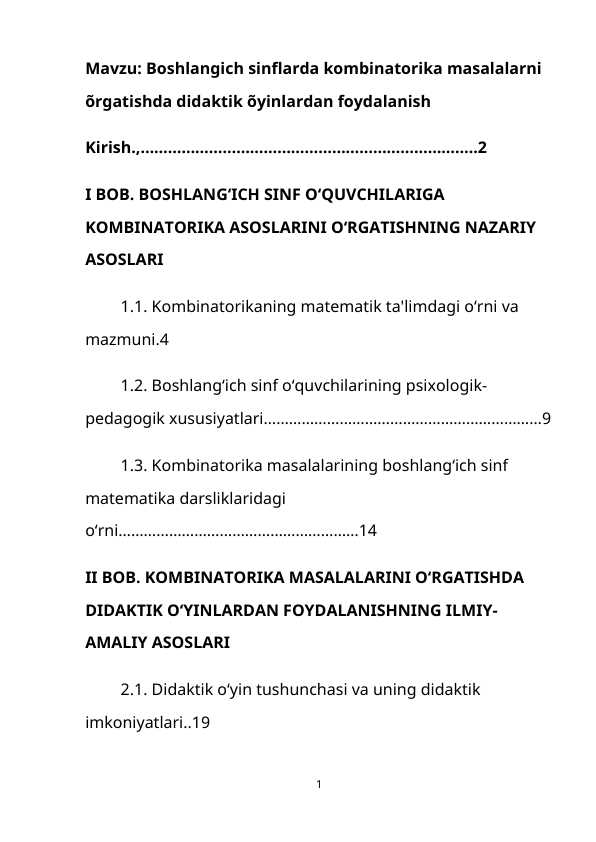 Boshlangich sinflarda kombinatorika masalalarni õrgatishda didaktik õyinlardan foydalanish
