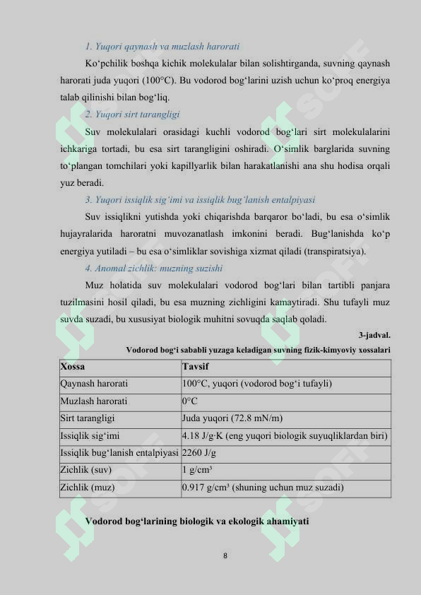 Suvning o‘simlik hayotidagi ahamiyati, fizik - kimyoviy xossalari
