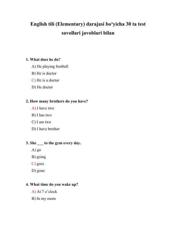 English tili (Elementary) darajasi boʻyicha 30 ta test savollari javoblari bilan