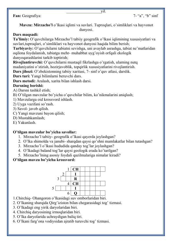 Mirzacho’l o’lkasi iqlimi va suvlari. Tuproqlari, o’simliklari va hayvonot dunyosi