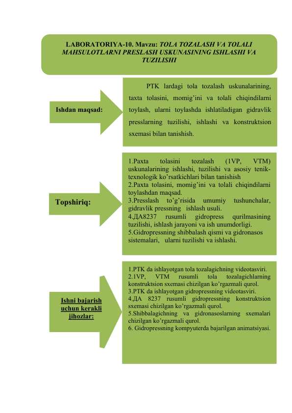 TOLA TOZALASH VA TOLALI MAHSULOTLARNI PRESLASH USKUNASINING ISHLASHI VA TUZILISHI