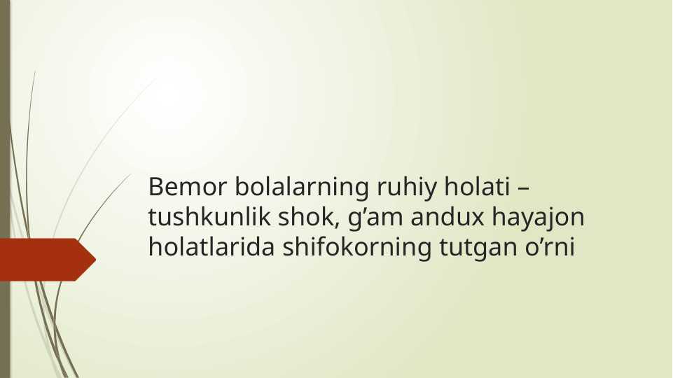 Bemor bolalarning ruhiy holati – tushkunlik shok, g’am andux hayajon holatlarida shifokorning tutgan o’rni