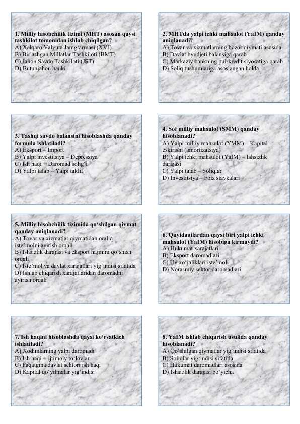Milliy hisobchilik tizimida boshqa korsatkichlar test