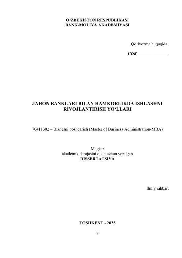 Jahon banklari dissertatsiya namuna