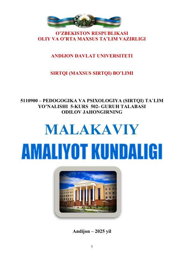 Pedagogik amaliyot kundaligi 15 haftalik