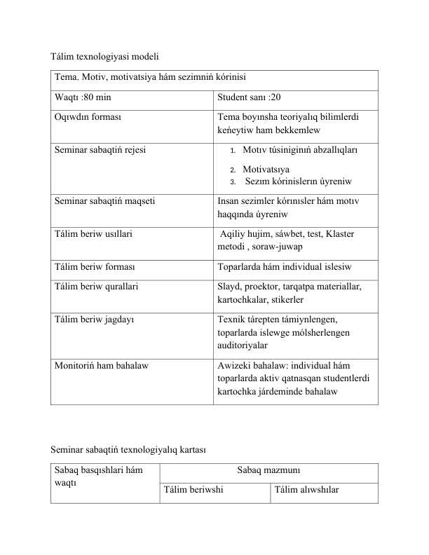 Motiv, motivatsiya hám sezimniń kórinisi