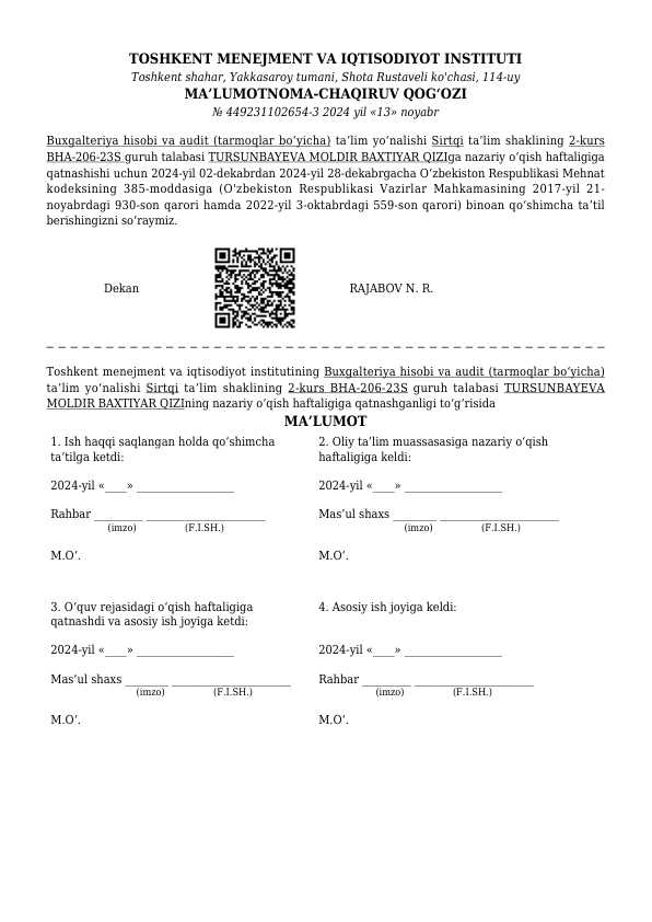 MA’LUMOTNOMA-CHAQIRUV QOG‘OZI