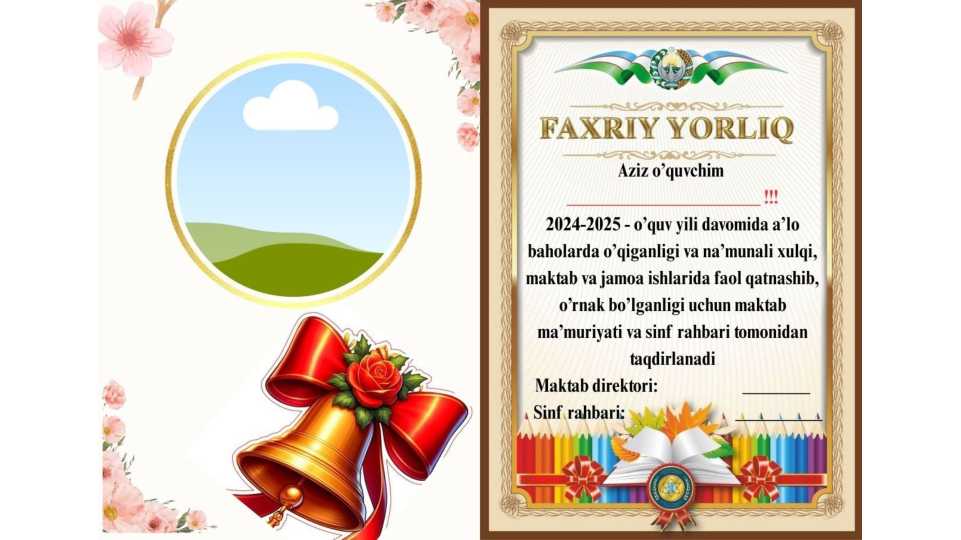 Faxriy yorliq, super dizaynda. Maktab uchun