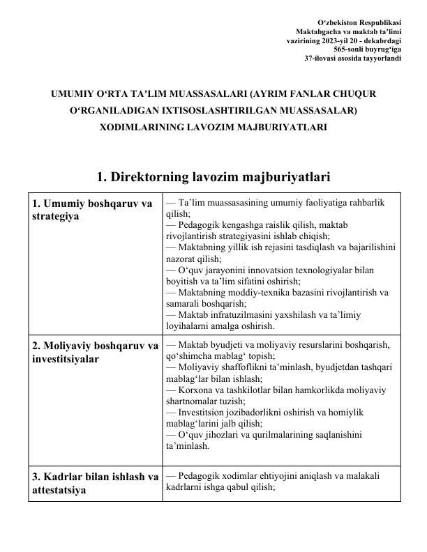 Xususiy Maktab Direktori Lavozim yo'riqnomasi