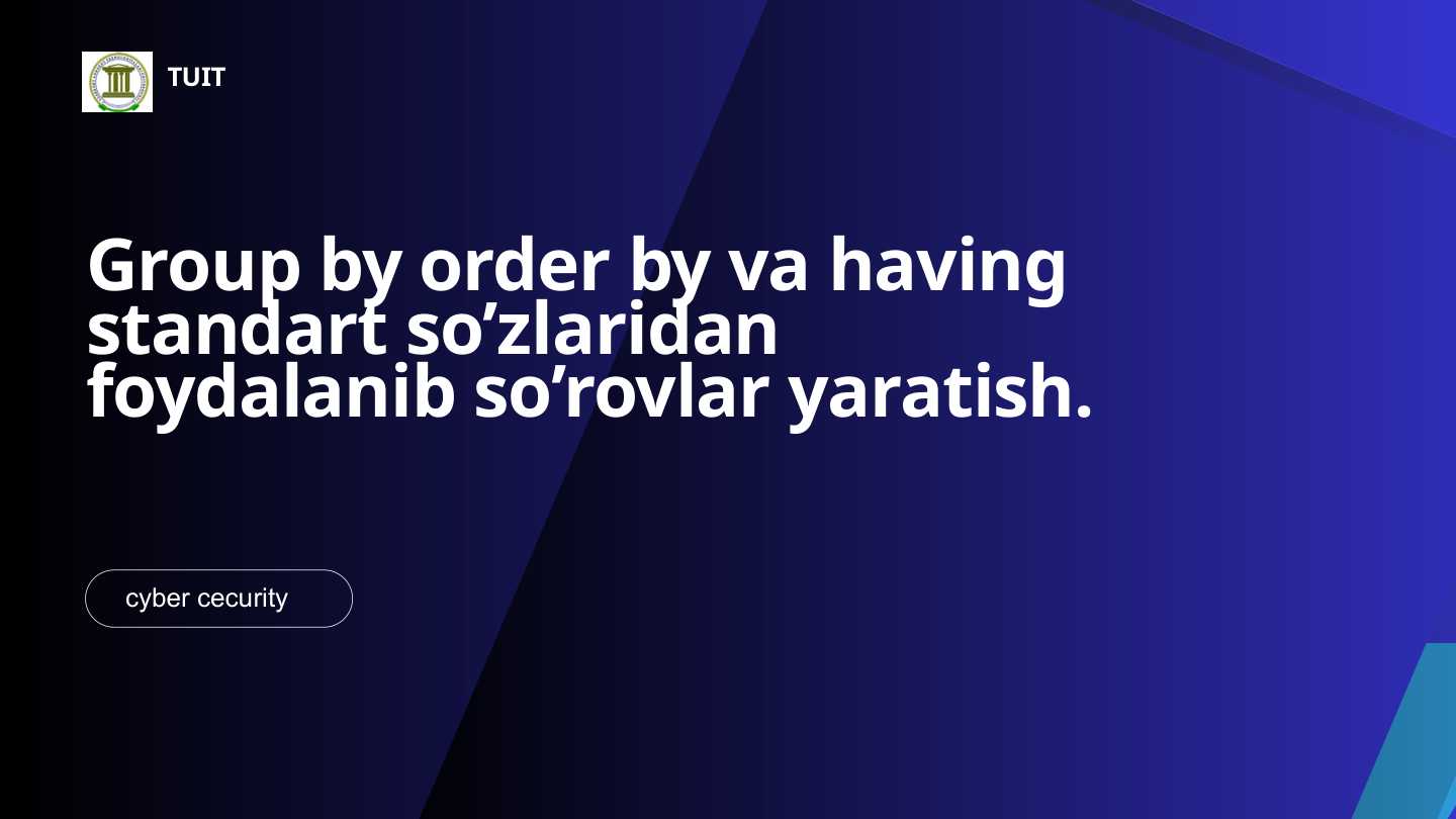Group by order by va having standart so’zlaridan foydalanib so’rovlar yaratish.