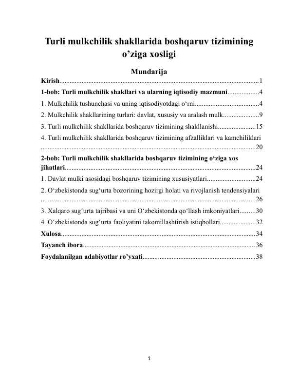 Turli mulkchilik shakllarida boshqaruv tizimining o`ziga xosligi