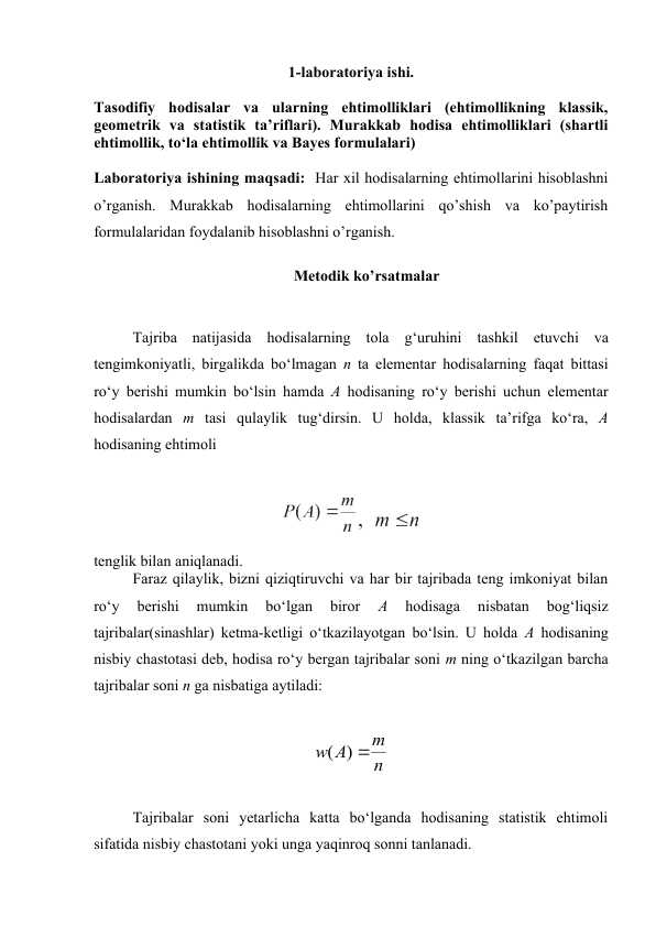 Tasodifiy hodisalar va ularning ehtimolliklari ehtimollikning