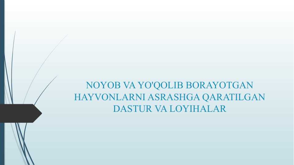 NOYOB VA YO'QOLIB BORAYOTGAN HAYVONLARNI ASRASHGA QARATILGAN DASTUR VA LOYIHALAR