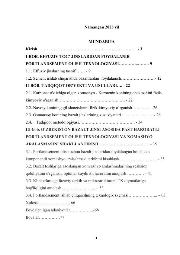 Ta’lim yo‘nalishi: 60710100 - Kimyoviy texnologiya (noorganik moddalar)