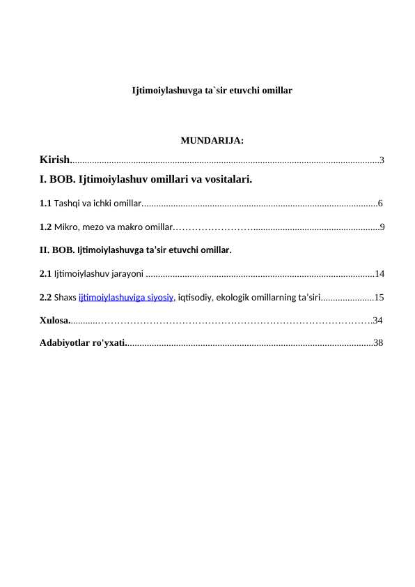 Ijtimoiylashuvga ta`sir etuvchi omillar