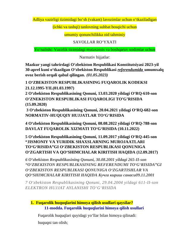 Adliya vazirligi tizimidagi bo‘sh (vakant) lavozimlar uchun argos 200 ta savol va javoblar 2025