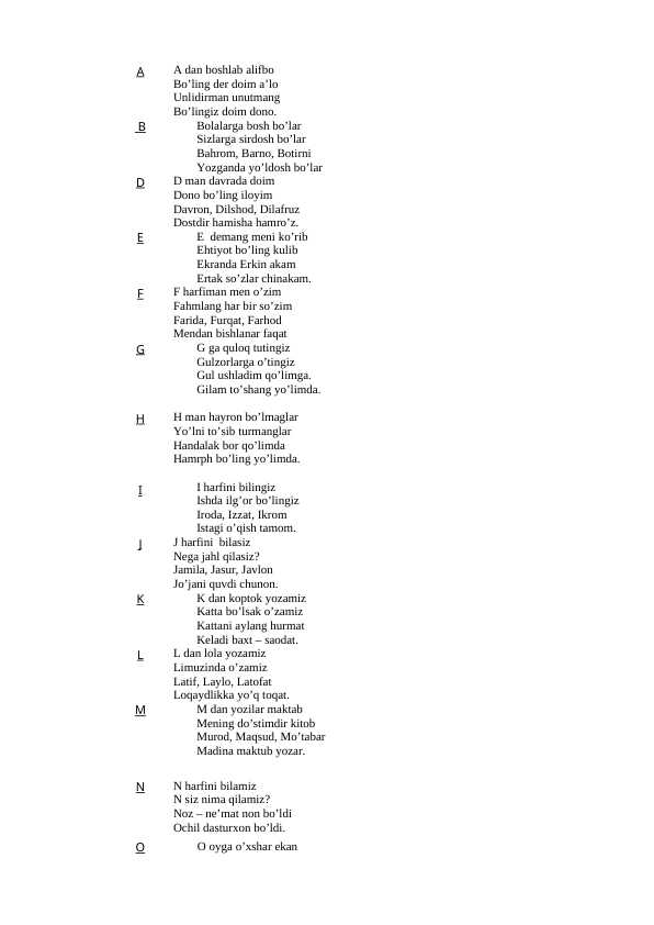 1-sinf Alifbe Harflarga she'rlar