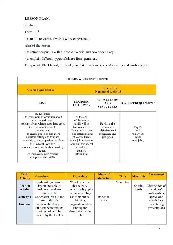 lesson plan 11th grade work experience