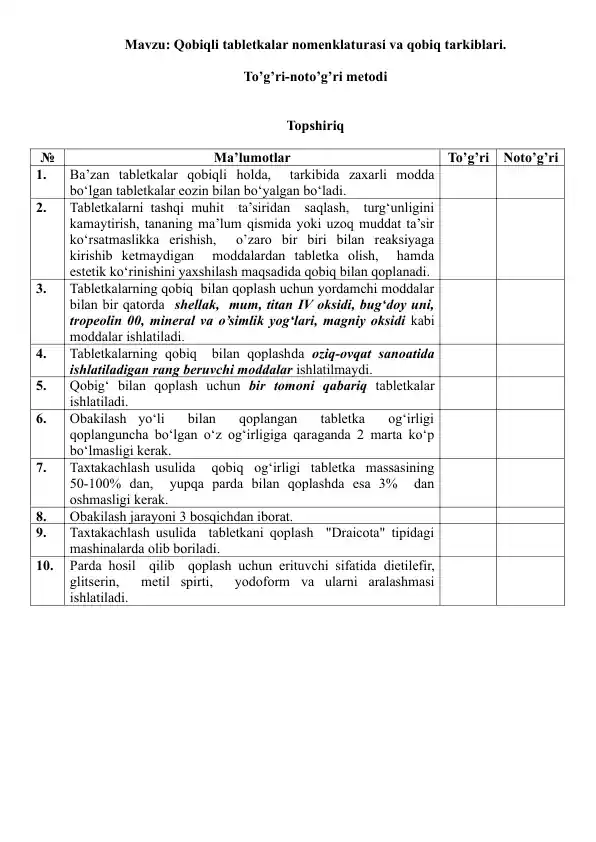 8. Qobiqli tabletkalar nomenklaturasi va qobiq tarkiblari. To'g'ri-noto'g'ri metodi, 10 ta savol va javobi bilan.