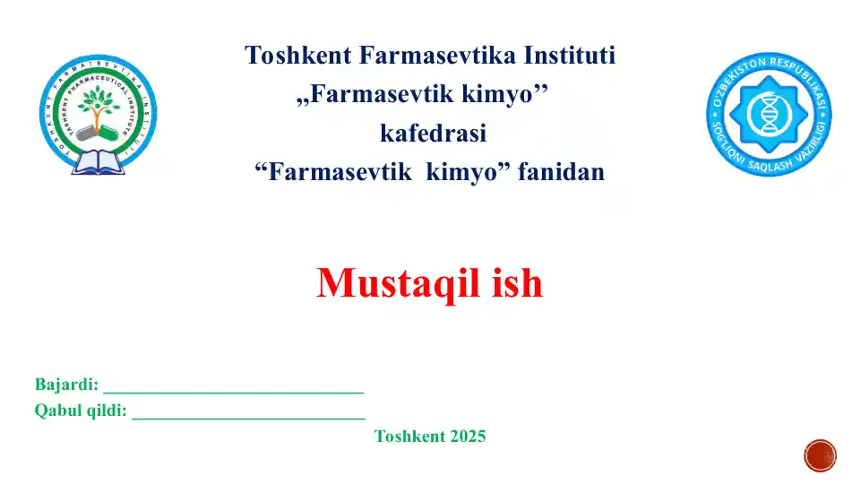 Noorganik dori vositalarining sifatini nazorat qilishdagi fiziko-kimyoviy tahlil usullari. Taqdimot 22 bet.