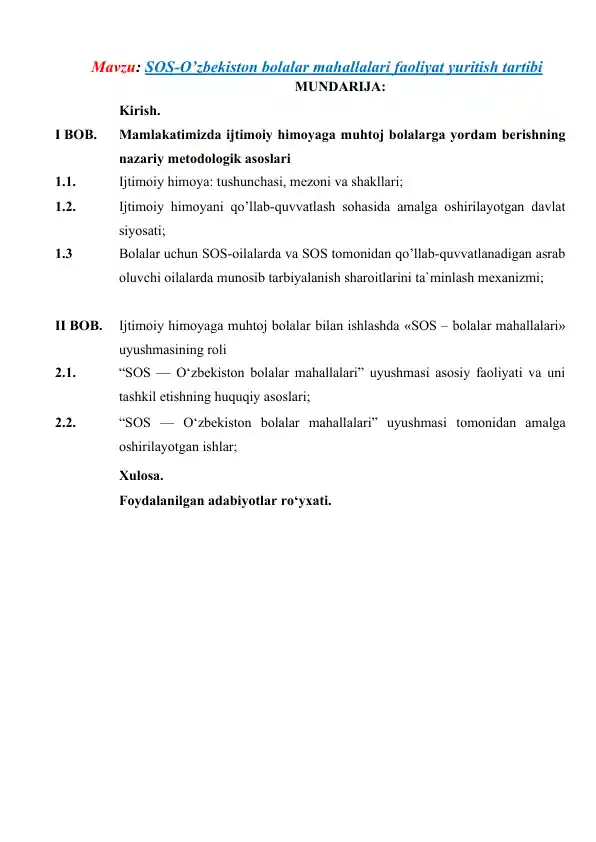 SOS-O’zbekiston bolalar mahallalari faoliyat yuritish tartibi (kurs ishi)