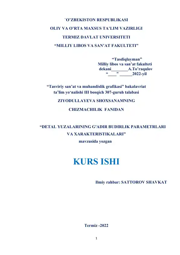 Detal yuzalarining g'adir budirlik parametrlari va xarakteristikalari