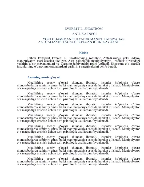 Everet Shostrum Anti Kornegi odam manipulyator Anti-Karnegi yoki Odam-Manipulyator