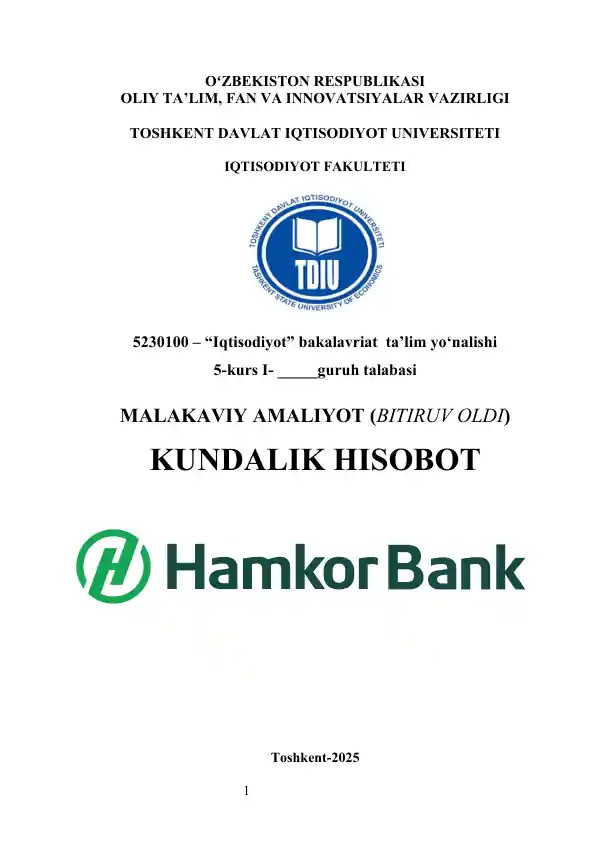 HAMKORBANK    Malakaviy amaliyot kundalik hisobot            hamkorbank amaliyot hisoboti