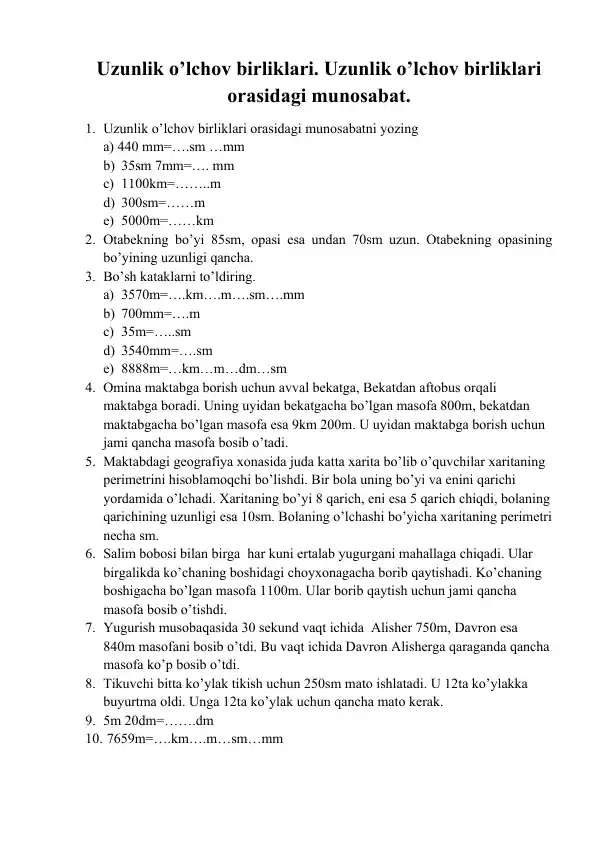 Uzunlikning o'lchov birliklari