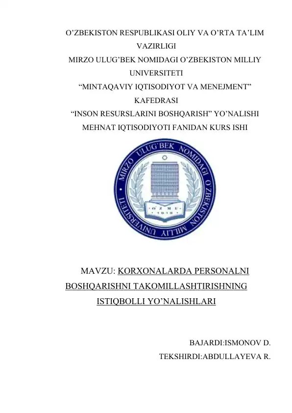 KORXONALARDA PERSONALNI BOSHQARISHNI TAKOMILLASHTIRISHNING ISTIQBOLLI YO’NALISHLARI