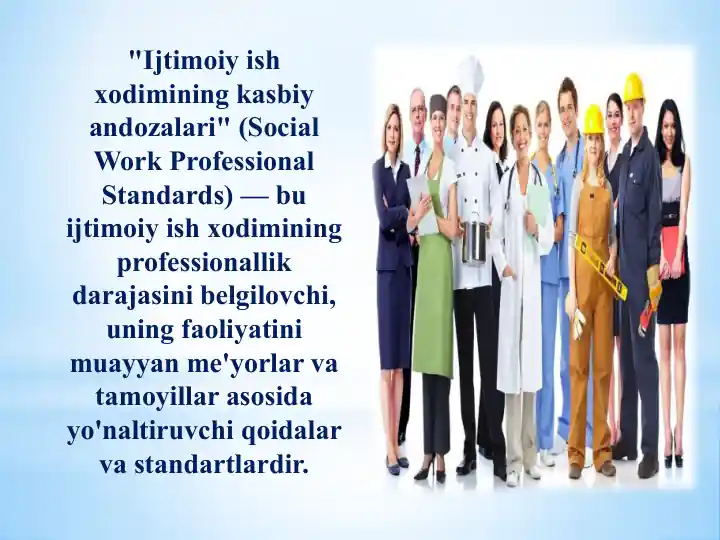 Ijtimoiy ish xodimining kasbiy andozalari" (Social Work Professional Standards)
