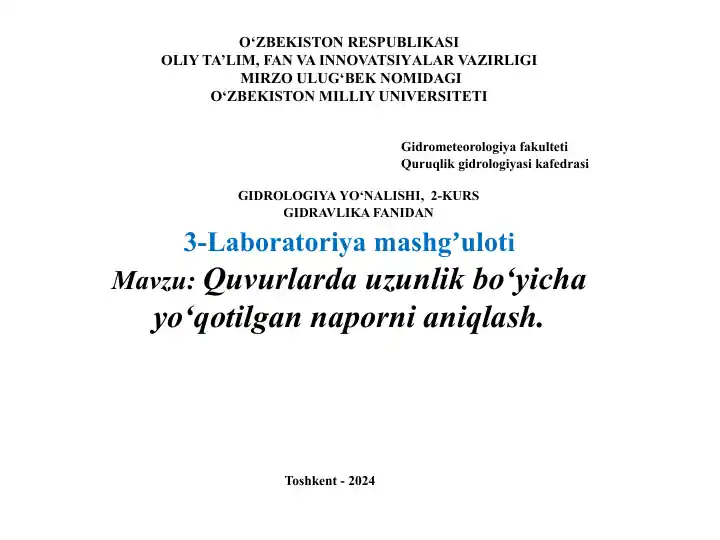 Laboratoriya Quvurlarda uzunlik bo‘yicha yo‘qotilgan naporni aniqlash