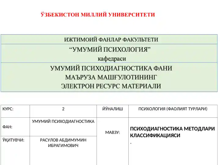 ТАЛАБАЛАРДА ПСИХОДИАГНОСТИКА МЕТОДЛАРИ ТЎҒРИСИДАГИ НАЗАРИЙ БИЛИМЛАРНИ ШАКЛЛАНТИРИШ