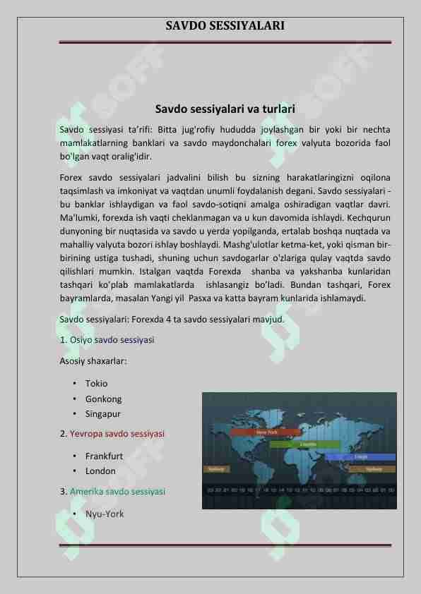 Savdo sessiyalari va turlari. 7-dars.Forex.