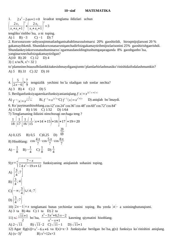 Matematika 10-sinf test