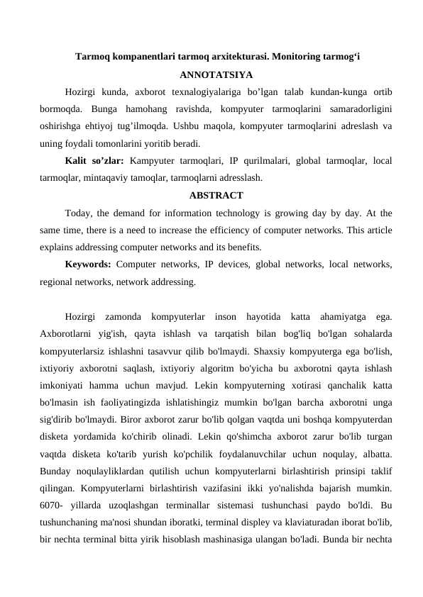 Tarmoq kompanentlari tarmoq arxitekturasi. Monitoring tarmog'i.