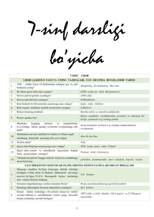 KIMYO 7,8,9 - sinf kitobining har bir mavzu bo'yicha savol javob