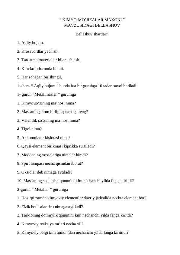 kimyodan tadbir senariysi