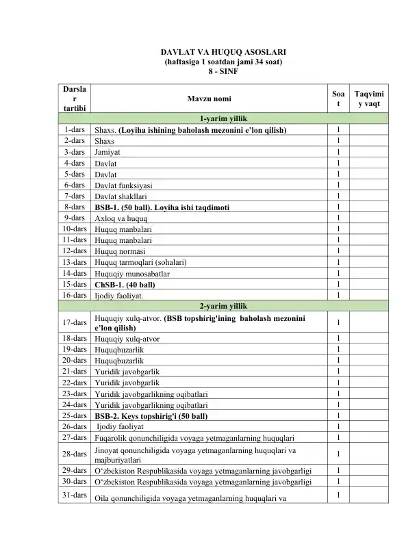 8-sinf Huquq yillik reja 2025-2026 BSB va CHSB