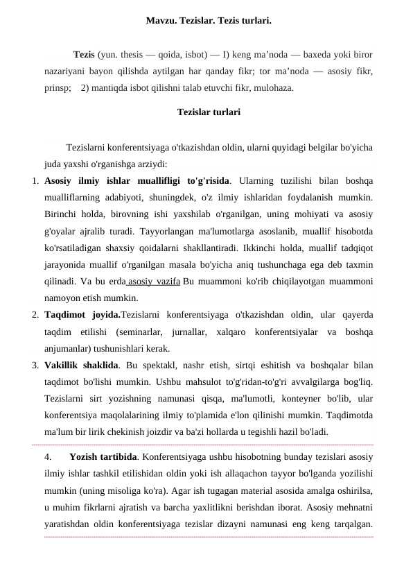 Tezislar. Tezis turlari