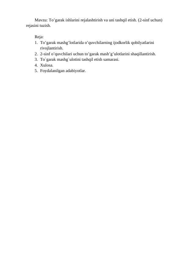 To’garak ishlarini rejalashtirish va uni tashqil etish. (2-sinf uchun) rejasini tuzish.