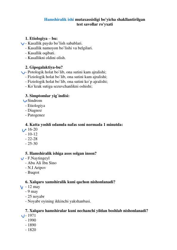 ТЕСТ саволлар Hamshiralik Oliy Toifa